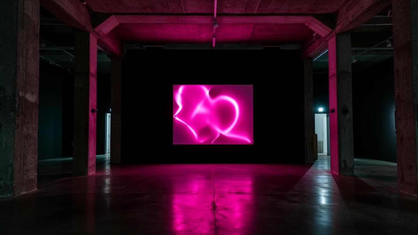 LOTUS gallery interior at midnight, magenta light installation.